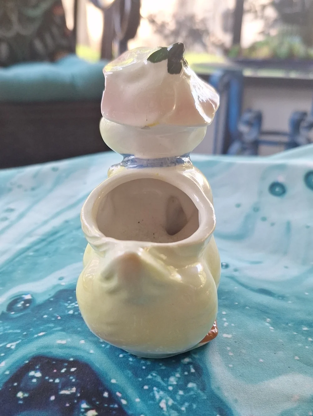 Vintage Yellow Ceramic Duck Planter with Blue Bow Planter/Vase